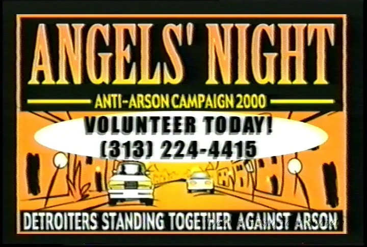 2000年Angel’s Night反放火キャンペーンの公共広告VHSラベル。住民にボランティア参加を呼び掛ける