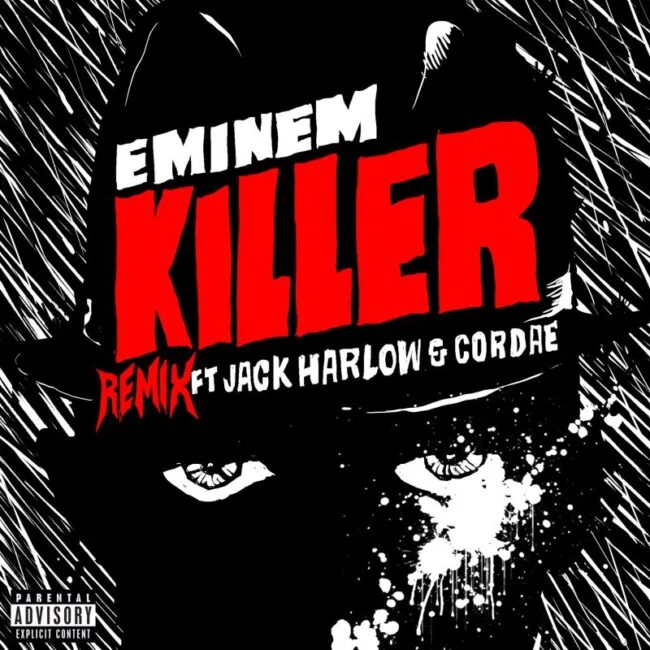 Killer (Remix)の正式ジャケット。黒・白・赤の文字と目のイラスト。