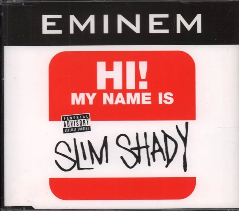 赤い名札にSlim Shadyと書かれたMy Name Isのシングルジャケット